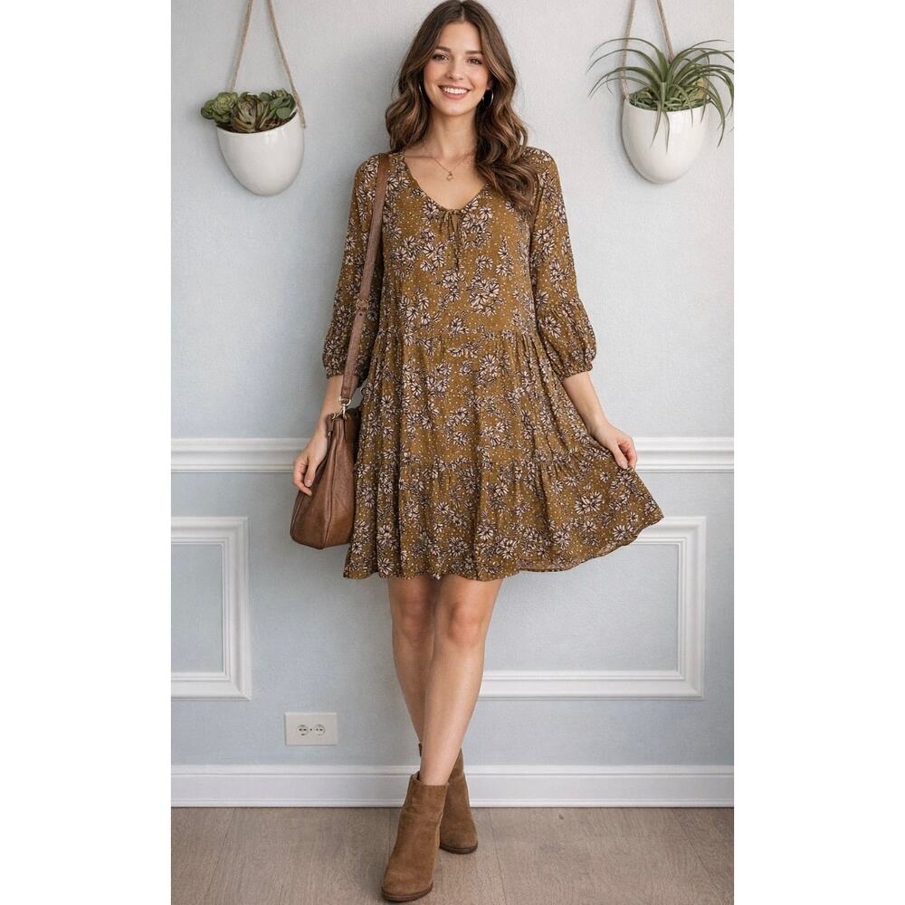 Ryllace Peasant 100% Mustard Promenade Tiered Floral Dress Plus Sz 20 1x